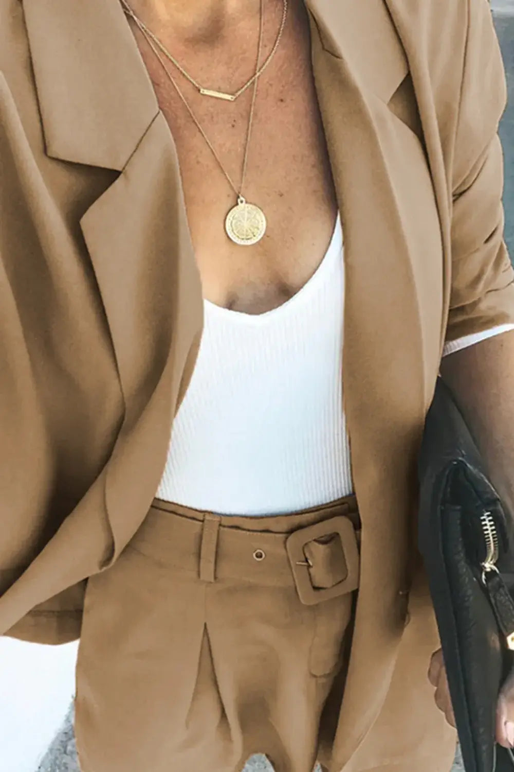 Longline Blazer and Shorts Set with Pockets - Trendsi - Flyclothing LLC