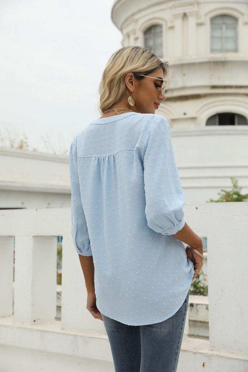 Swiss Dot Notched Neck Three-Quarter Sleeve Blouse - Trendsi - Flyclothing LLC
