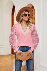 Contrast V-Neck Long Sleeve Blouse - Trendsi