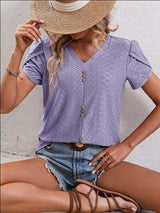 Eyelet V-Neck Petal Sleeve T-Shirt - Trendsi - Flyclothing LLC