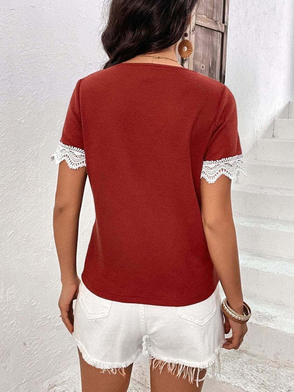 Lace Detail V-Neck Short Sleeve T-Shirt - Trendsi - Flyclothing LLC