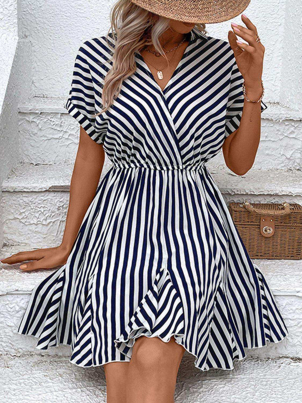 Striped Johnny Collar Mini Dress - Trendsi - Flyclothing LLC