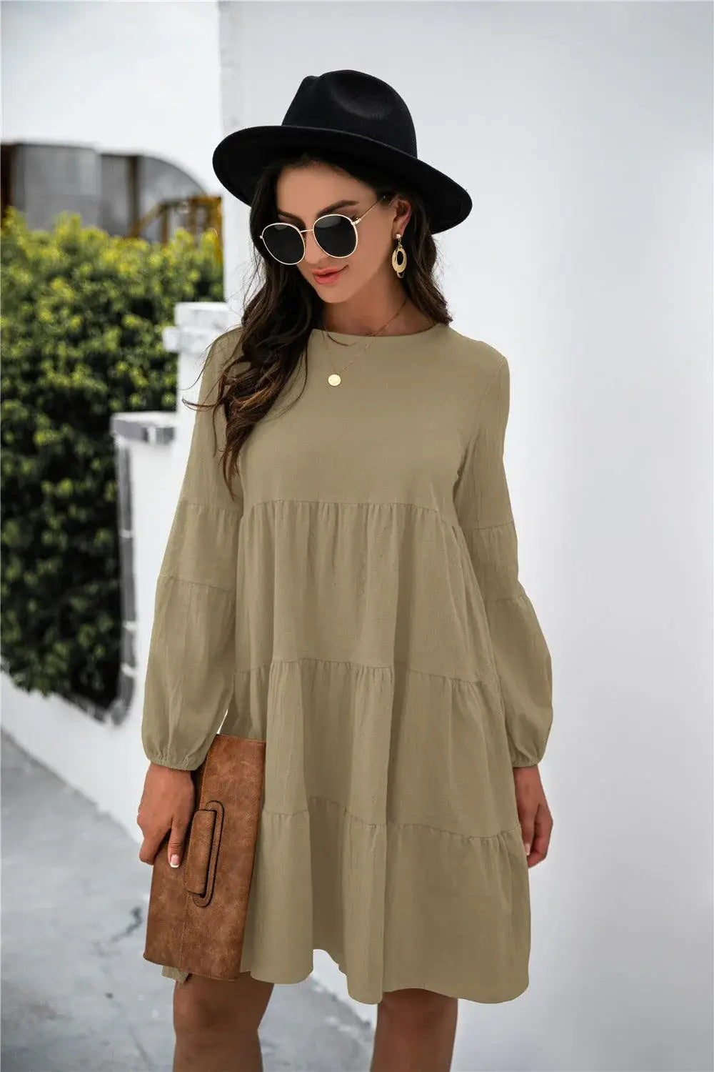 Balloon Sleeve Keyhole Tiered Dress - Trendsi - Flyclothing LLC