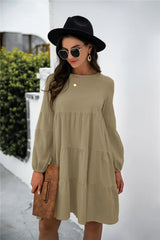 Balloon Sleeve Keyhole Tiered Dress - Trendsi - Flyclothing LLC