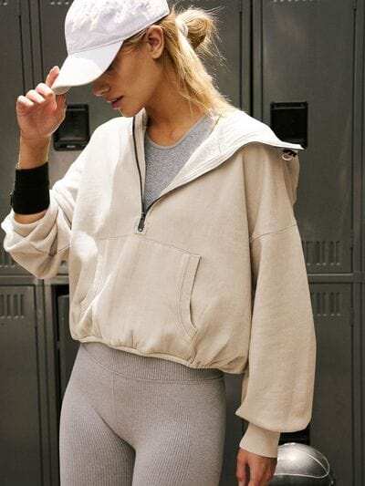Half Zip Pocketed Dropped Shoulder Hoodie - Trendsi - Flyclothing LLC