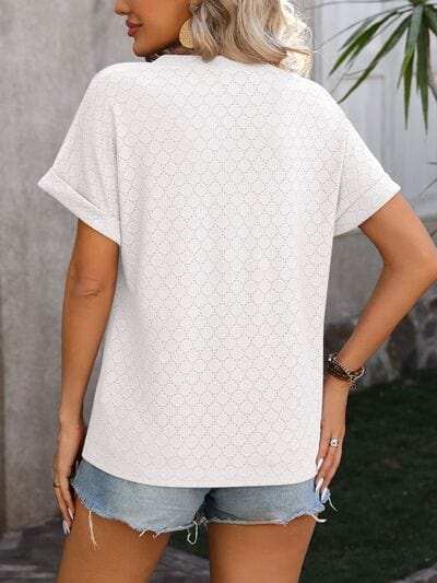 Eyelet Notched Short Sleeve T-Shirt - Trendsi - Flyclothing LLC