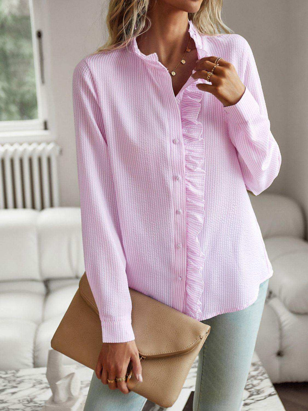 Ruffle Trim Long Sleeve Shirt - Trendsi - Flyclothing LLC