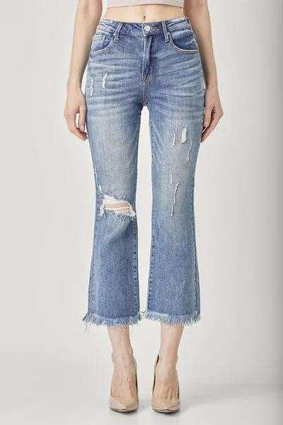 RISEN High Waist Distressed Cropped Bootcut Jeans - Trendsi - Flyclothing LLC