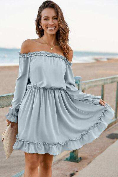 Frill Off-Shoulder Flounce Sleeve Dress - Trendsi - Flyclothing LLC
