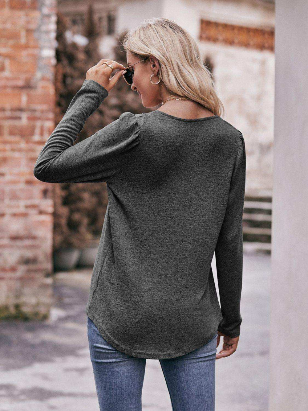 Pleated Detail Curved Hem Long Sleeve Top - Trendsi - Flyclothing LLC
