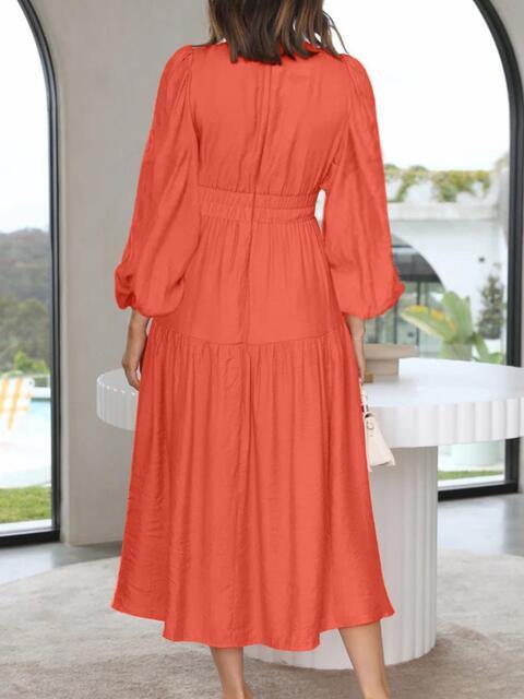 Deep V-Neck Balloon Sleeve Plain Maxi Dress - Trendsi