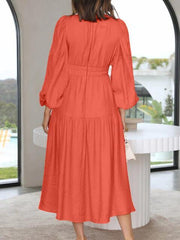 Deep V-Neck Balloon Sleeve Plain Maxi Dress - Trendsi