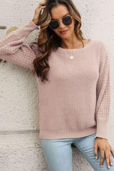 Ribbed Openwork Sleeve Round Neck Pullover Sweater - Trendsi
