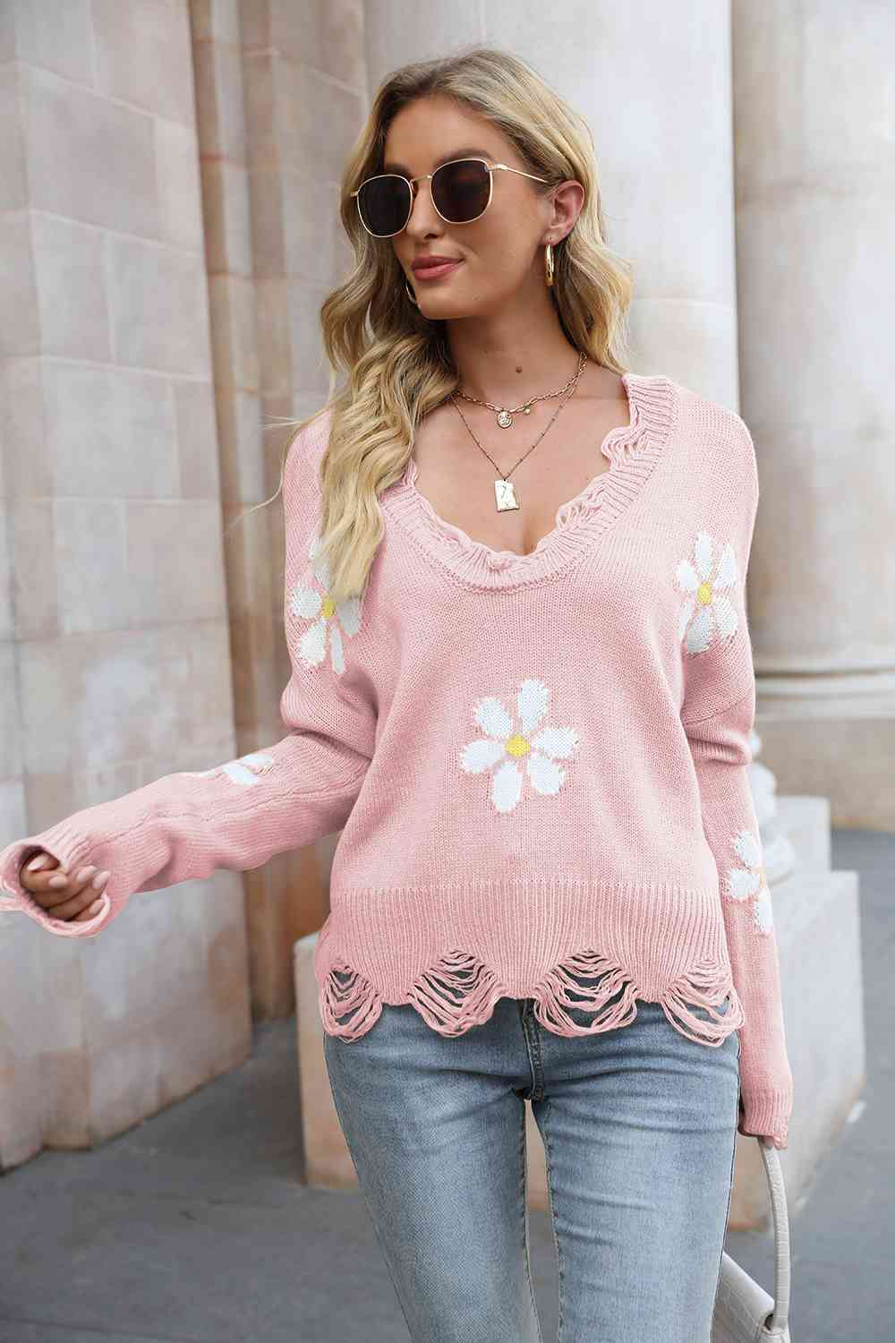 Flower Distressed Long Sleeve Sweater - Trendsi - Flyclothing LLC