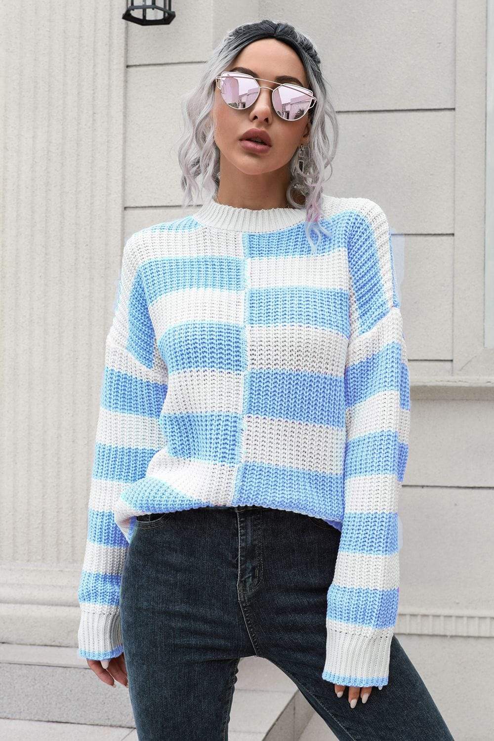 Color Block Dropped Shoulder Sweater - Trendsi - Flyclothing LLC