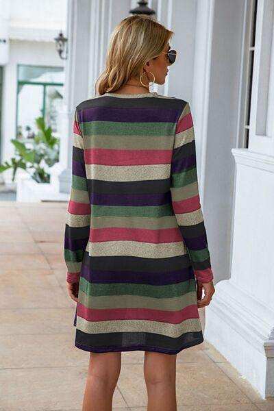Striped Round Neck Long Sleeve Dress - Trendsi - Flyclothing LLC