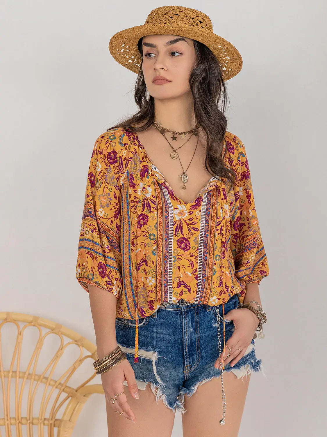 Printed Tie Neck Blouse - Trendsi - Flyclothing LLC