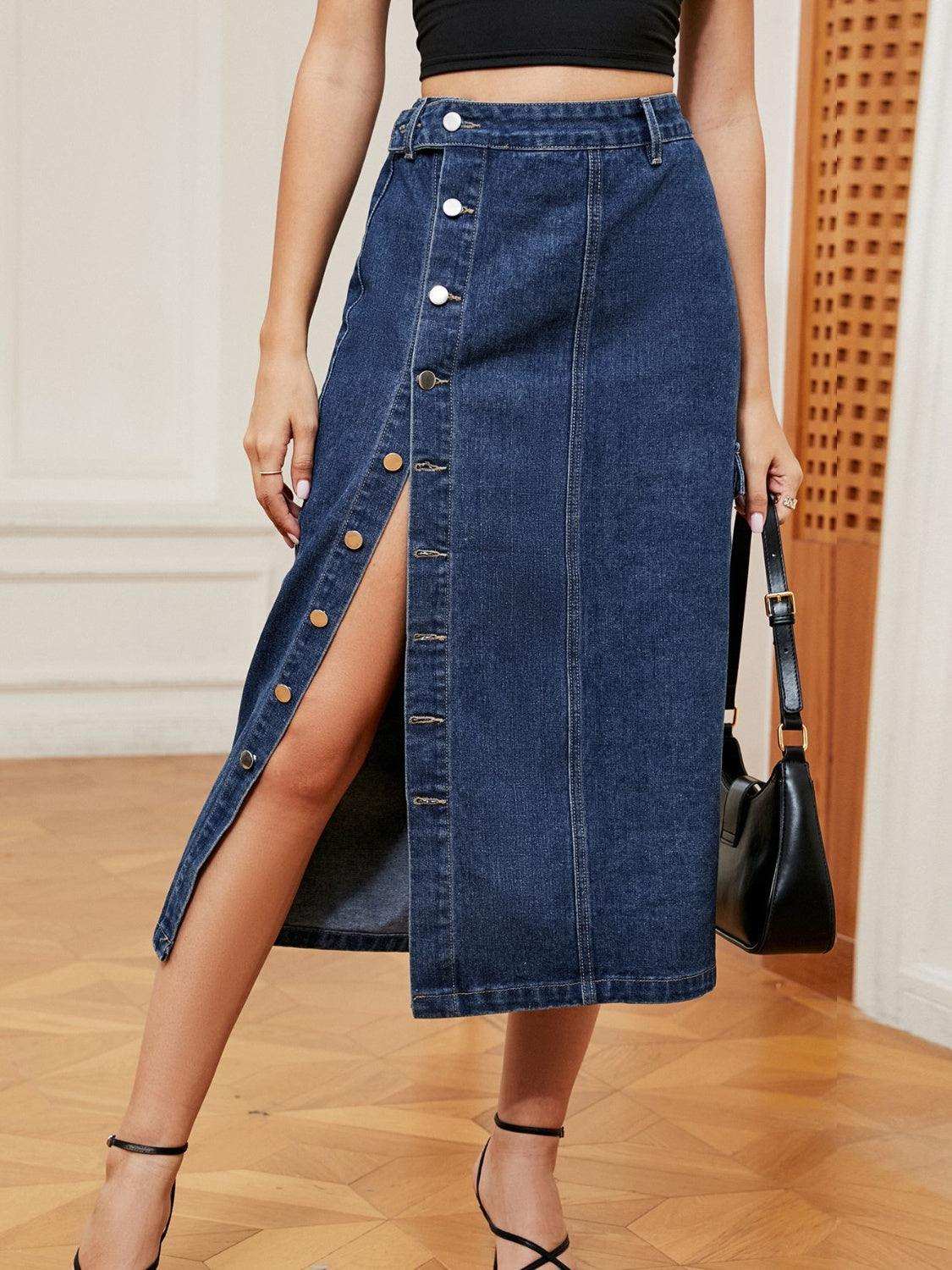 Button Down Denim Skirt - Trendsi - Flyclothing LLC