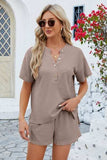 Notched Button Detail Dropped Shoulder Top and Shorts Set - Trendsi - Flyclothing LLC