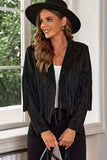Fringe Trim Lapel Collar Cropped Blazer - Trendsi - Flyclothing LLC