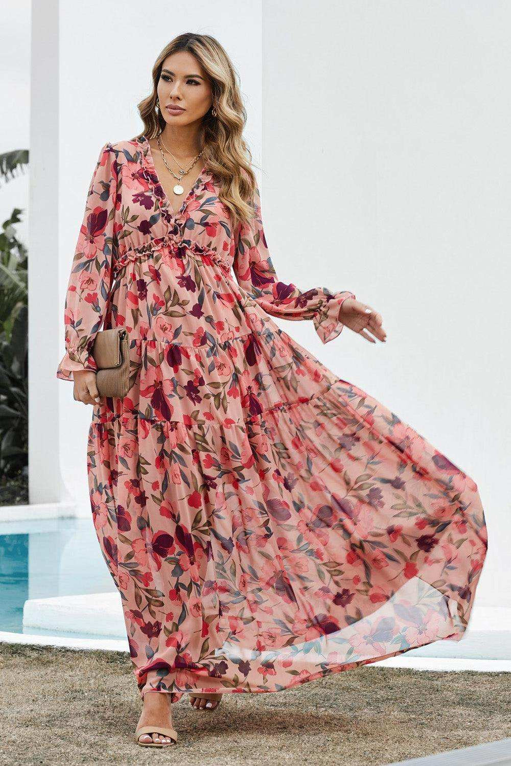 Floral Frill Trim Flounce Sleeve Plunge Maxi Dress - Trendsi - Flyclothing LLC