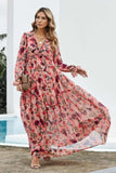 Floral Frill Trim Flounce Sleeve Plunge Maxi Dress - Trendsi