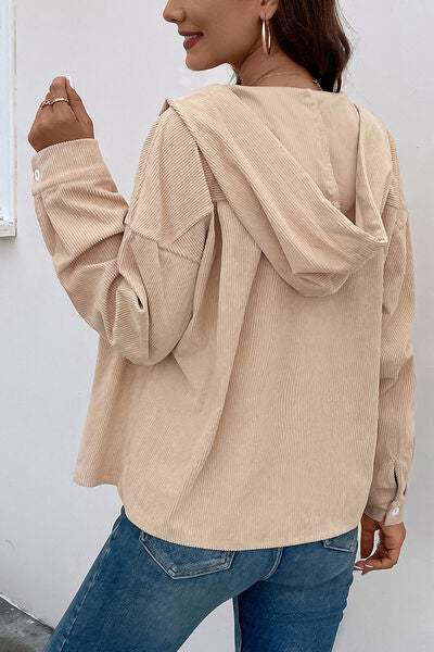 Ribbed Button Up Drawstring Hooded Jacket - Trendsi - Flyclothing LLC