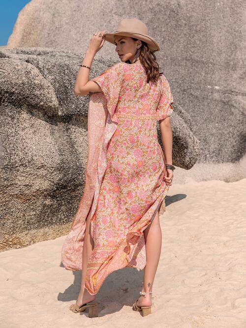 Printed Tie Neck Short Sleeve Dress - Trendsi - Flyclothing LLC