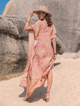 Printed Tie Neck Short Sleeve Dress - Trendsi - Flyclothing LLC