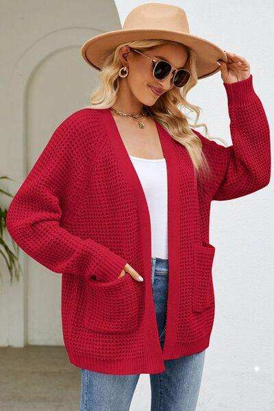 Open Front Raglan Sleeve Pocketed Cardigan - Trendsi - Flyclothing LLC