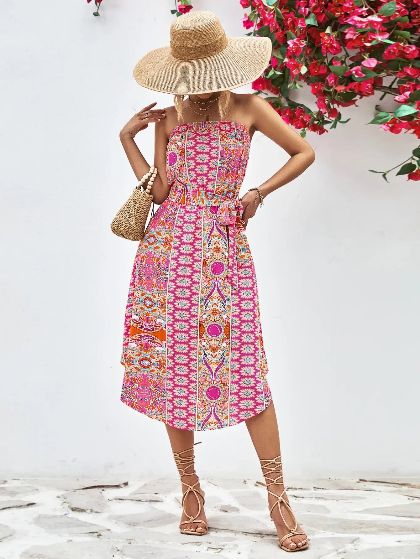 Printed Strapless Tie Belt Dress - Trendsi - Flyclothing LLC