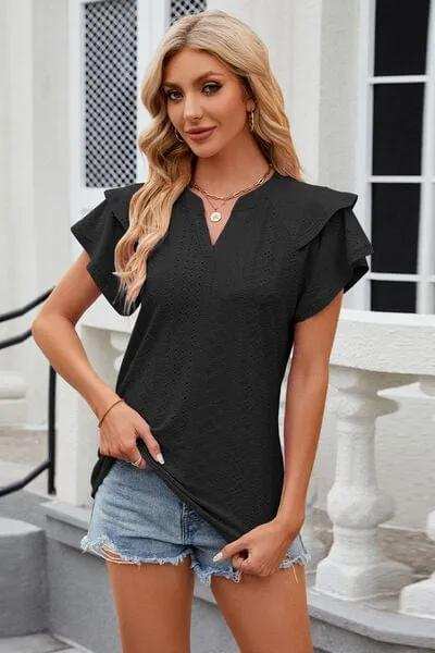 Eyelet Notched Short Sleeve T-Shirt - Trendsi - Flyclothing LLC