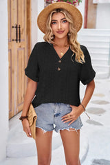 Buttoned Notched Neck Eyelet Top - Trendsi - Flyclothing LLC