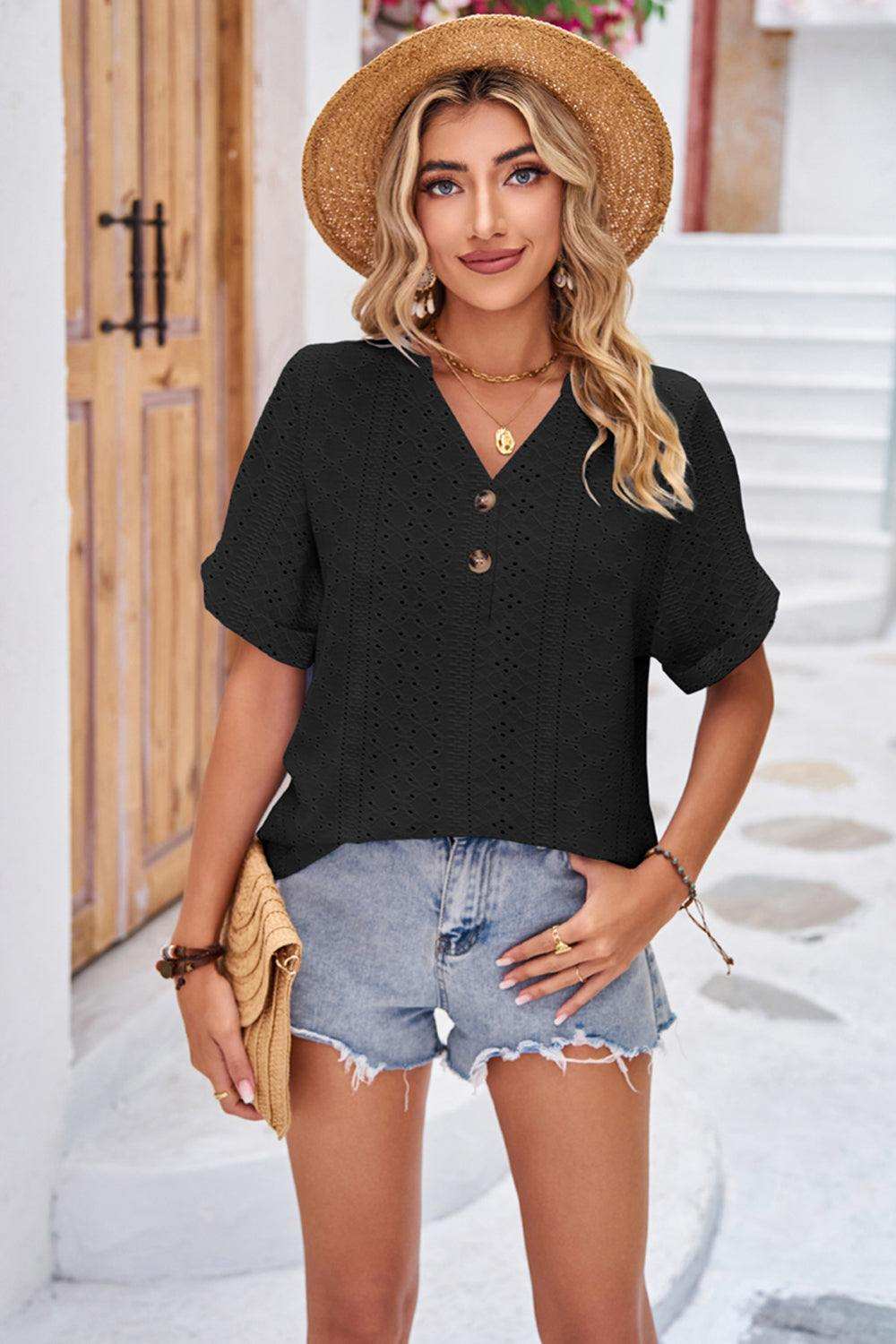 Buttoned Notched Neck Eyelet Top - Trendsi - Flyclothing LLC