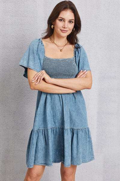 Smocked Square Neck Mini Denim Dress - Trendsi - Flyclothing LLC
