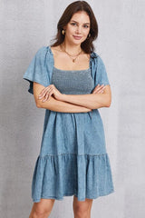 Smocked Square Neck Mini Denim Dress - Flyclothing LLC