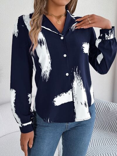 Printed Collared Neck Button Up Shirt - Trendsi