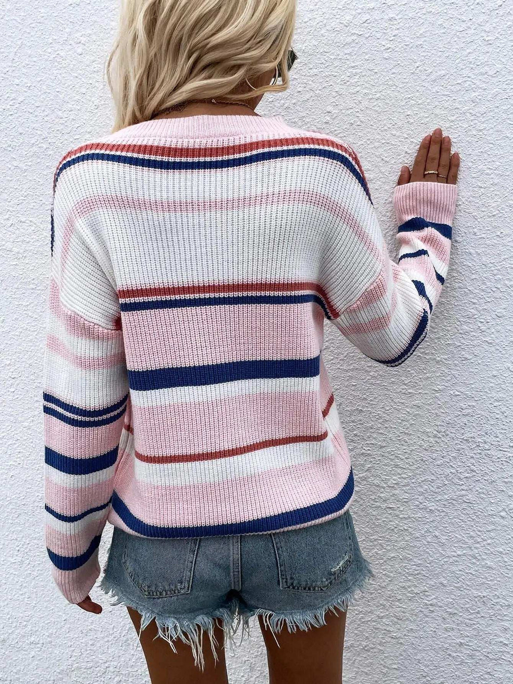 Striped Drop Shoulder Round Neck Pullover Sweater - Trendsi - Flyclothing LLC