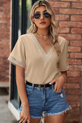 Openwork V-Neck Short Sleeve T-Shirt - Trendsi - Flyclothing LLC