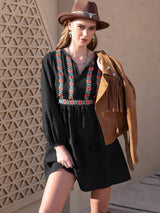 Notched Neck Long Sleeve Printed Mini Dress - Trendsi - Flyclothing LLC