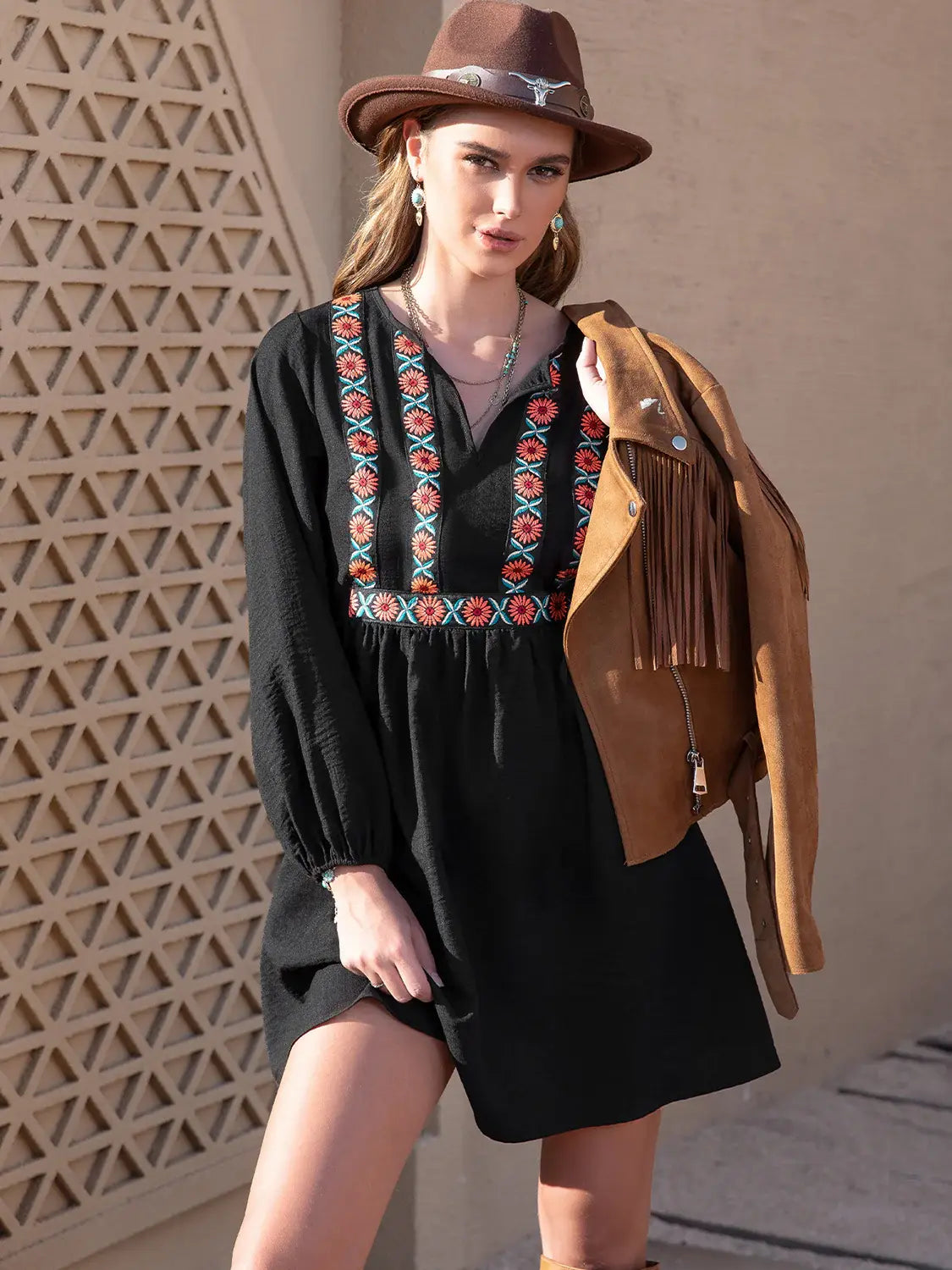 Notched Neck Long Sleeve Printed Mini Dress - Trendsi - Flyclothing LLC