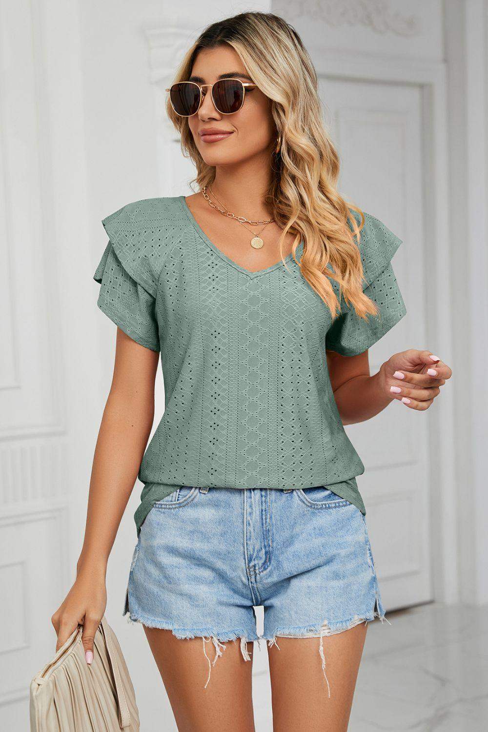Eyelet Layered Flutter Sleeve V-Neck Knit Top - Trendsi - Flyclothing LLC