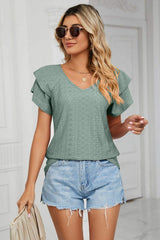 Eyelet Layered Flutter Sleeve V-Neck Knit Top - Trendsi - Flyclothing LLC