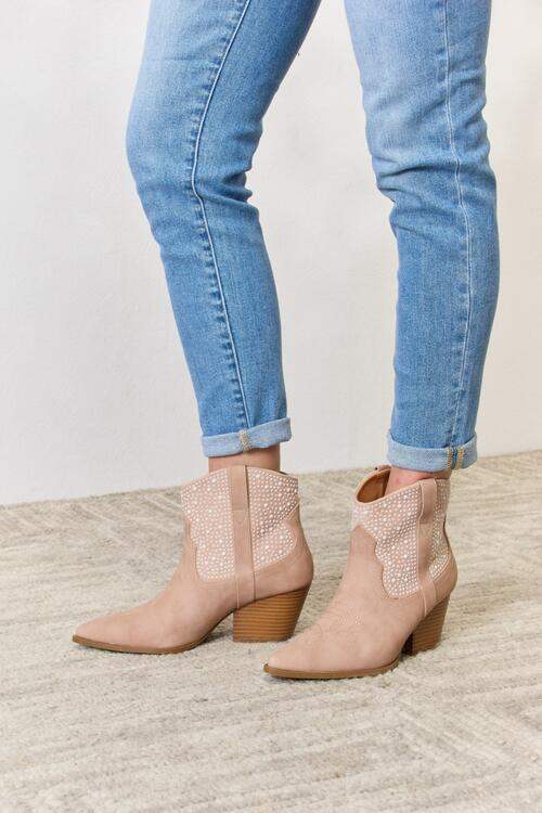 East Lion Corp Rhinestone Ankle Cowgirl Booties - Trendsi - Flyclothing LLC