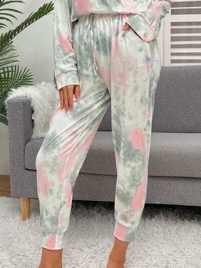 Tie-Dye Round Neck Top and Drawstring Pants Lounge Set - Trendsi - Flyclothing LLC