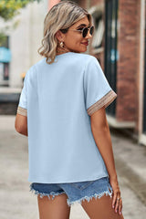 Openwork V-Neck Short Sleeve T-Shirt - Trendsi - Flyclothing LLC