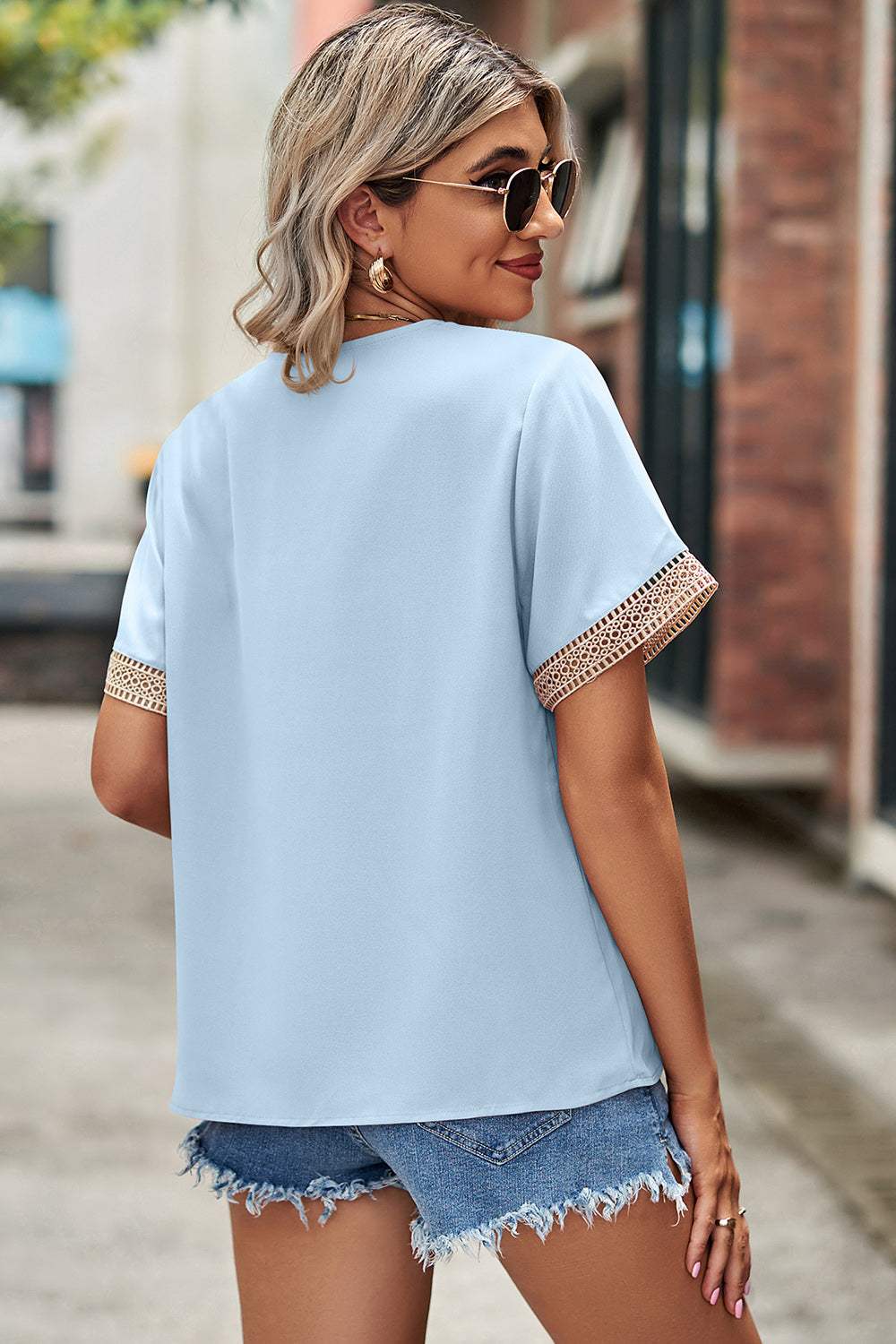 Openwork V-Neck Short Sleeve T-Shirt - Trendsi - Flyclothing LLC
