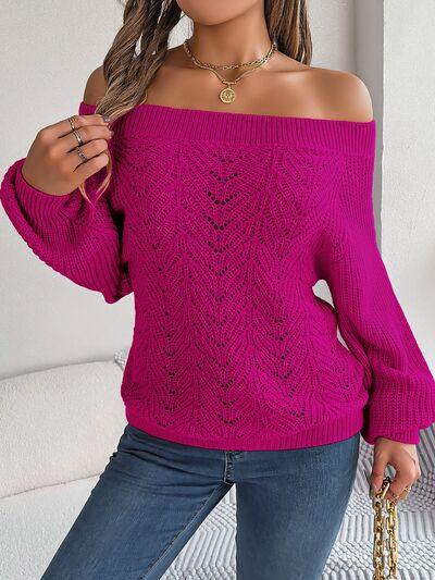 Openwork Off-Shoulder Long Sleeve Sweater - Trendsi