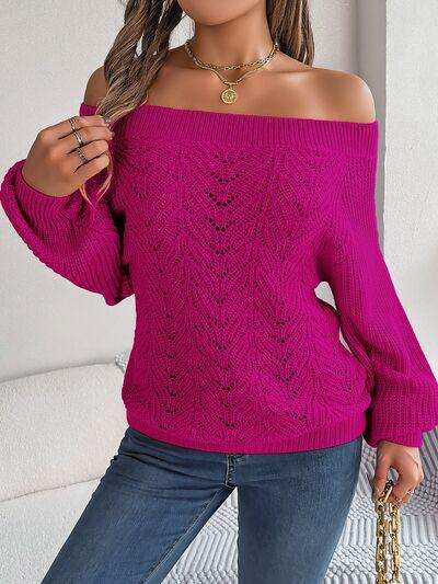 Openwork Off-Shoulder Long Sleeve Sweater - Trendsi - Flyclothing LLC