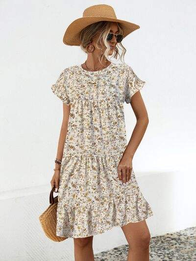 Frill Floral Round Neck Short Sleeve Tiered Dress - Trendsi - Flyclothing LLC